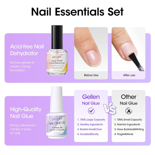 Gellen Gel Nail Glue and Nail Dehydrator, 15ml Nail Gel Glue for False Nail Tips and Clear Press on Nails, Acid Free Nail Prep Dehydrator, Soak Off UV Led Lamp Needed Strong Adhesive Nail Gel
