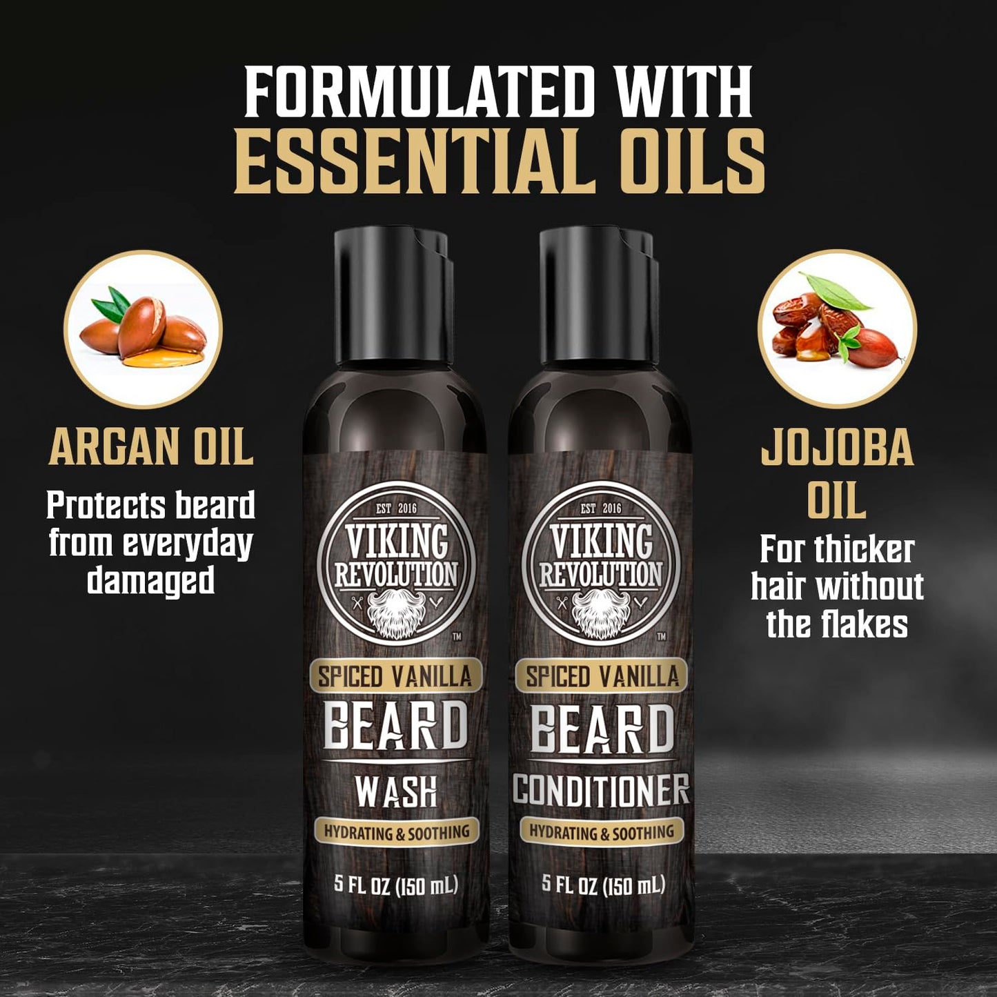Viking Revolution Beard Wash and Beard Conditioner for Men with Argan Oil and Jojoba Oil - Beard Softener and Strengthener Beard Care Beard Shampoo and Conditioner with Beard Oil (5oz, Spiced Vanilla)