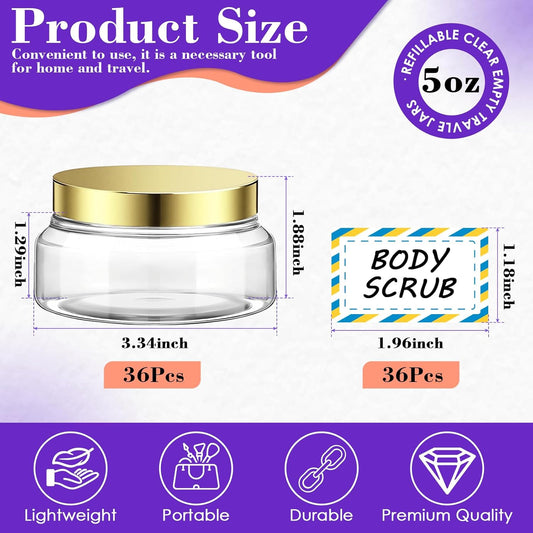 36 Pack 5 oz Plastic Cosmetic Containers With Lids Refillable Clear Empty Travle Jars Containers for Body Butter,Sugar Scrubs,Cream,Lotions,Candy, Waterproof Label&Spatulas - (Black Lid)