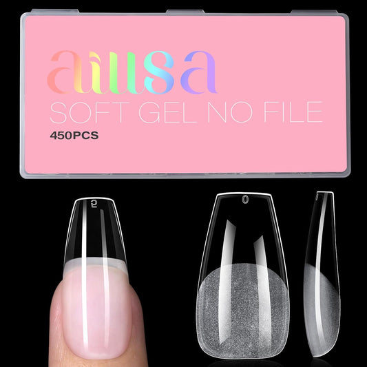 AILLSA Long Coffin Nail Tips - 450pcs Thickened Pre-shaped False Nail Tips Half Matte Nails Tips, Acrylic Fake Nails Extension for Home Salon DIY