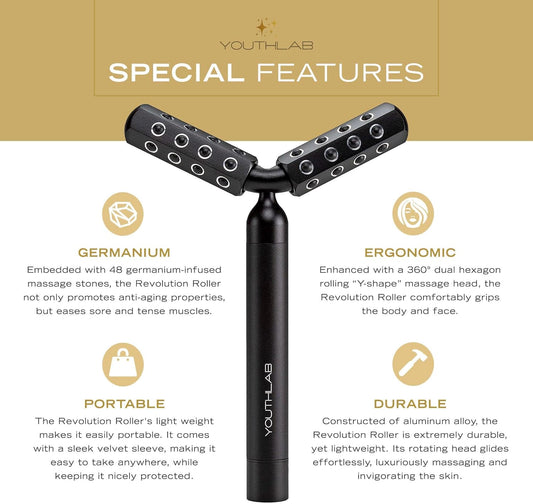 Revolution Roller - Germanium Stone Uplifting Face/Body Beauty Massage Tool/Roller/Wand for Skin Tightening/Firming, De-Puffing, Anti-Aging (Black)