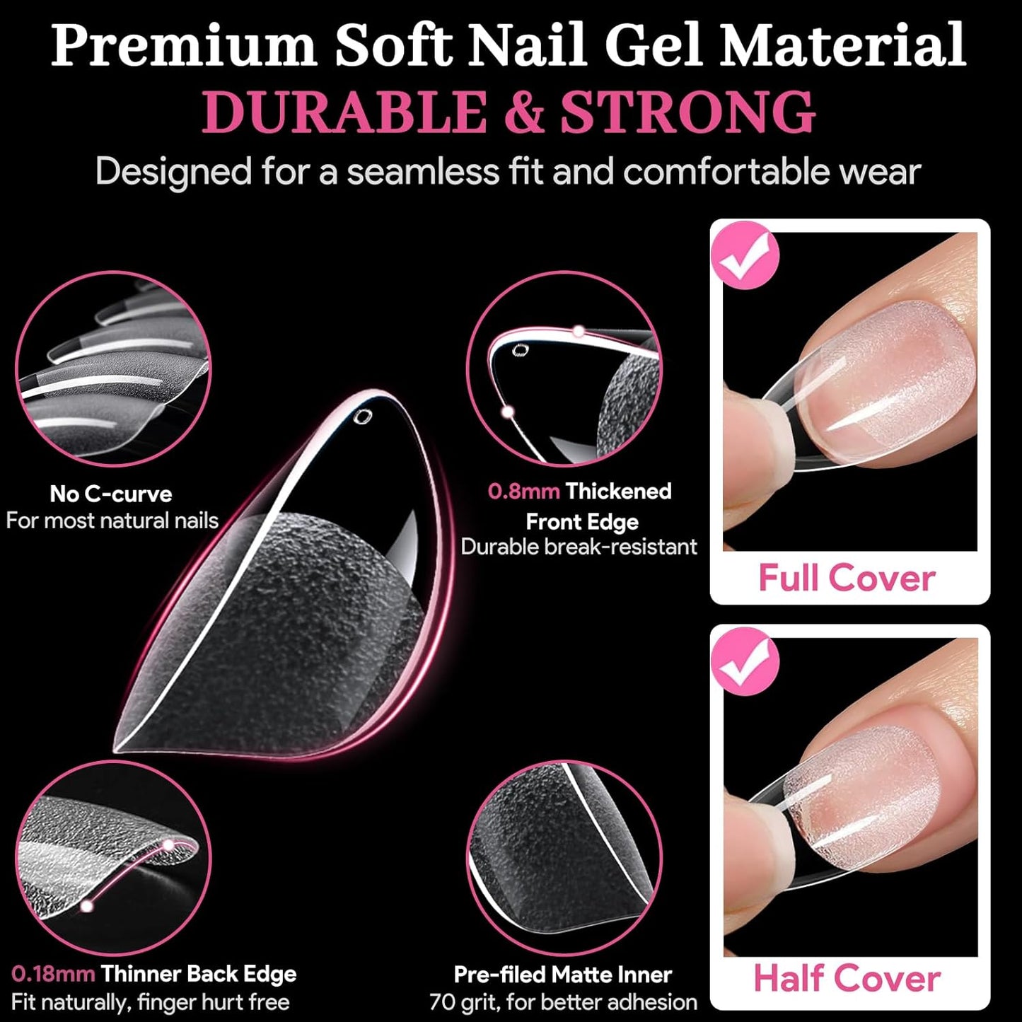 Short Almond False Nail Tips, 15 Sizes 510 PCS Clear Soft Press On Fake Nail Pre-shaped Half Matte Full Cover Gel Nail Tips Extensions Strong Thick Long Lasting for DIY Beginners & Salon Manicure