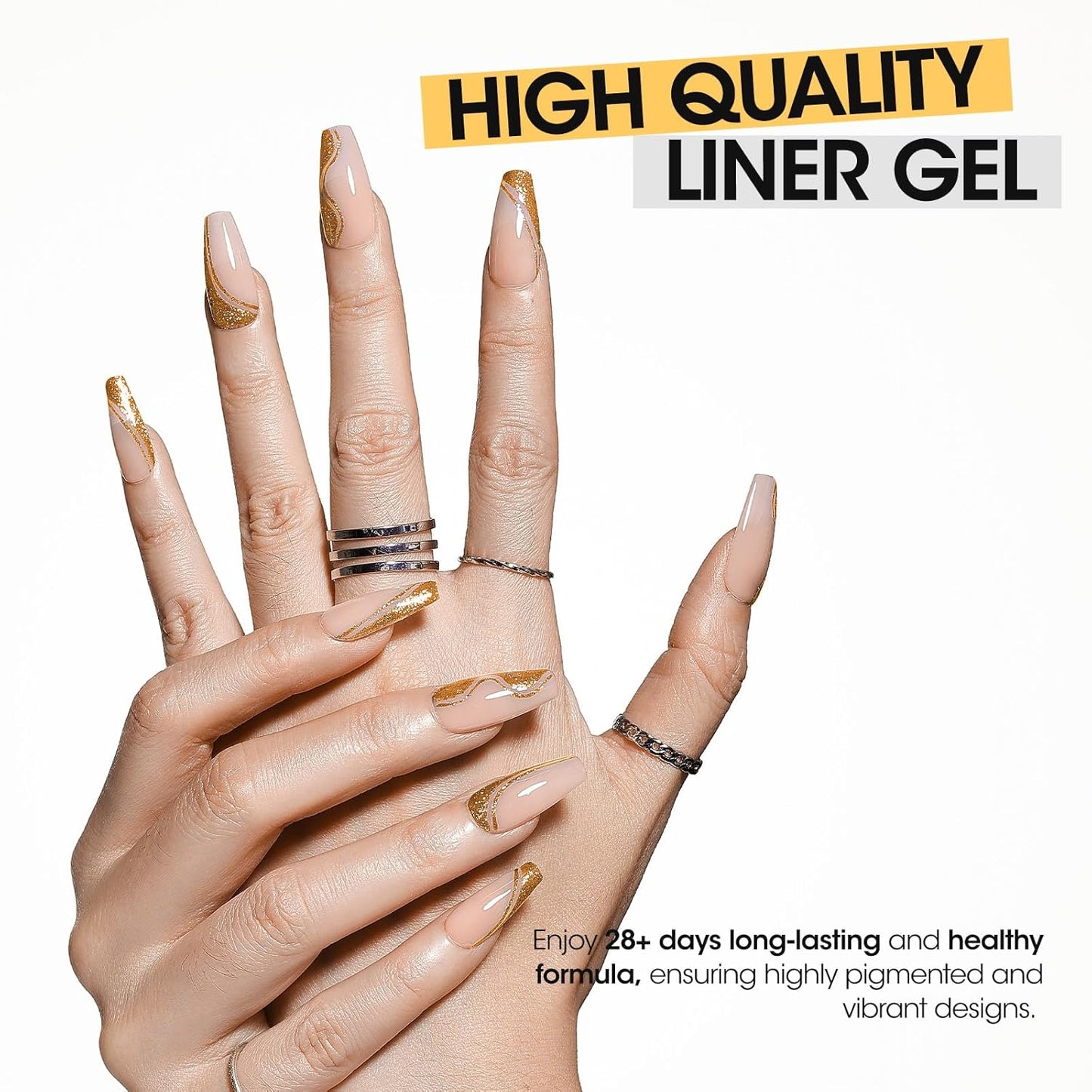 GELLEN Gold Silver Liner Gel Nail Polish, 2Pcs 10ml Soak off Uv Lamp Glitter Nail Art Polish Set with Built Thin Brush, Gel Art Paint for Sparkly Shiny Swirl Nails, Christmas Diy Gift for Women Girls