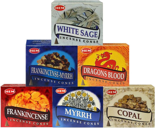 Hem Incense Cones Variety Pack #4 and Inscents-Cones Burner Holder with 6 Most Popular Fragrances - Dragons Blood, Frankincense, Myrrh - Total 60 Scented Cone Incense (6 Scents x 10 Conos)