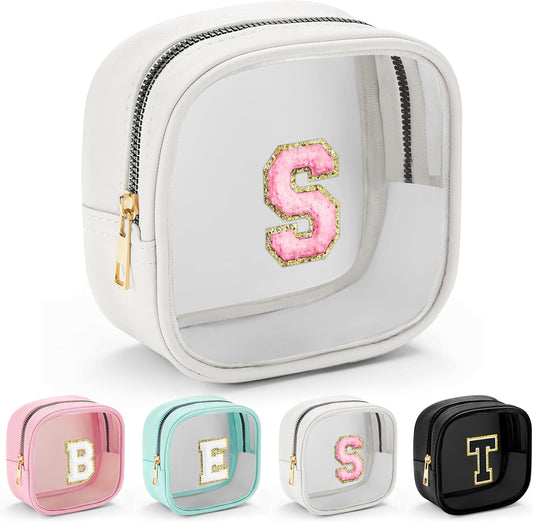 YOOLIFE Initial Make Up Bag Travel Toiletry Bag, Clear Makeup Bag Preppy Cosmetic Bags Organizer Travel Essentials Gifts for Women Teen Girlfriend Teacher Mom Birthday Mothers Day Gifts White S