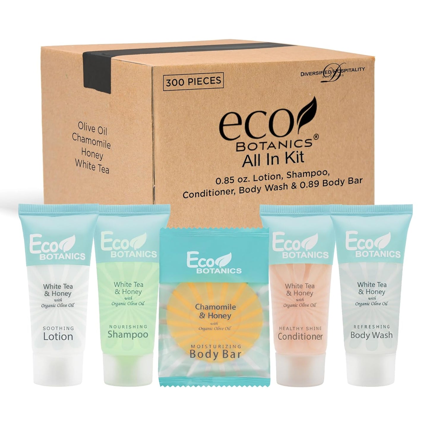 Eco Botanics Hotel Soaps & Toiletries Bulk Set | 0.85oz Hotel Shampoo & Conditioner, Body Wash, Body Lotion & Bar Soap Travel Size | 300 Pieces