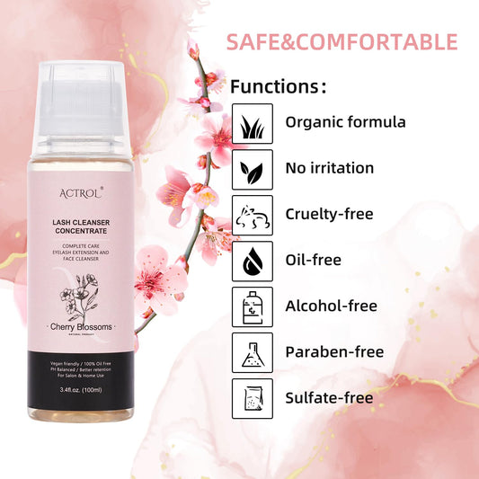 Eyelash Shampoo Concentrate 100ml Lash Extensions Cleanser Concentrate Cherry Blossom Natural Foaming Shampoo DIY Wash for Extensions Lashes with Salon Home Care-Makes 60ml Bottles