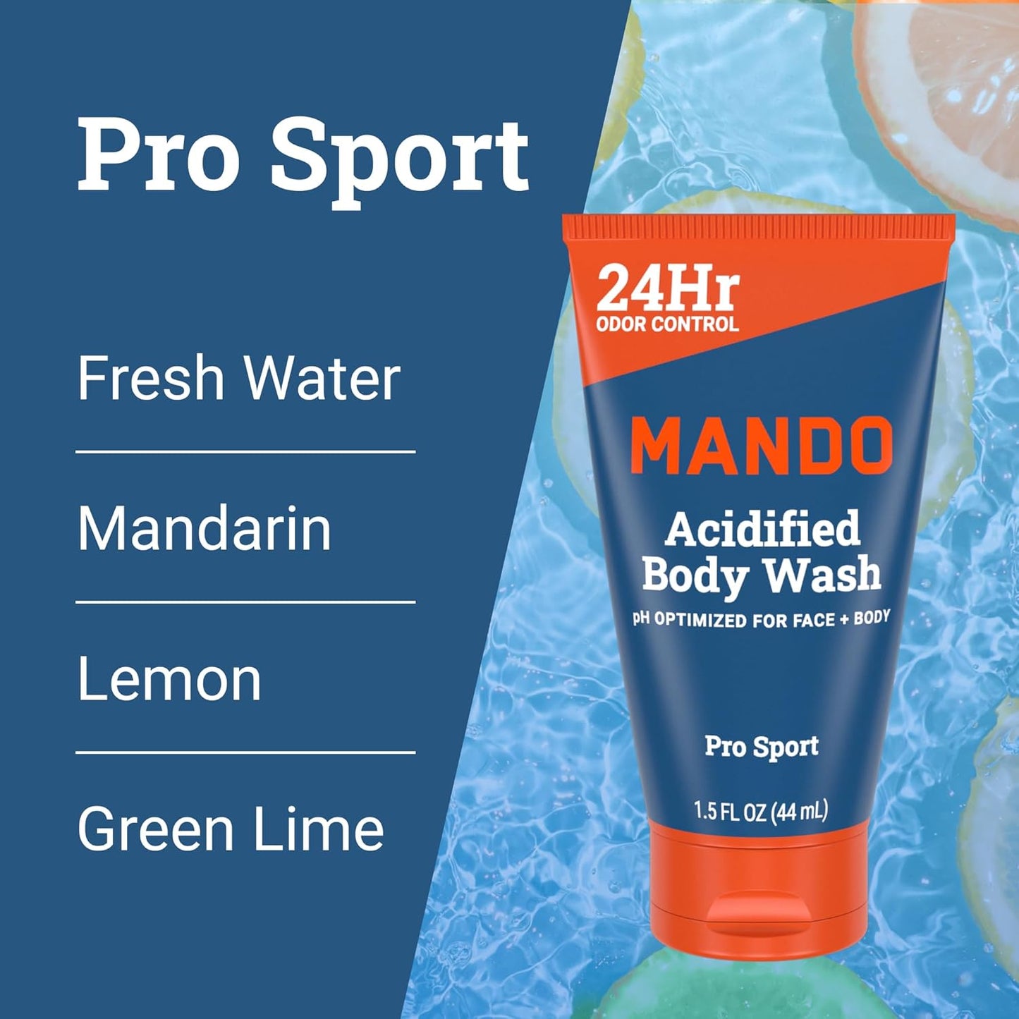 Mando Mini Body Wash - 24 Hour Odor Control - Removes Odor Better than Soap - 1.5 Ounce Tubes (Pack of 4, in 4 scents: Bourbon Leather, Pro Sport, Mt Fuji, Unscented)