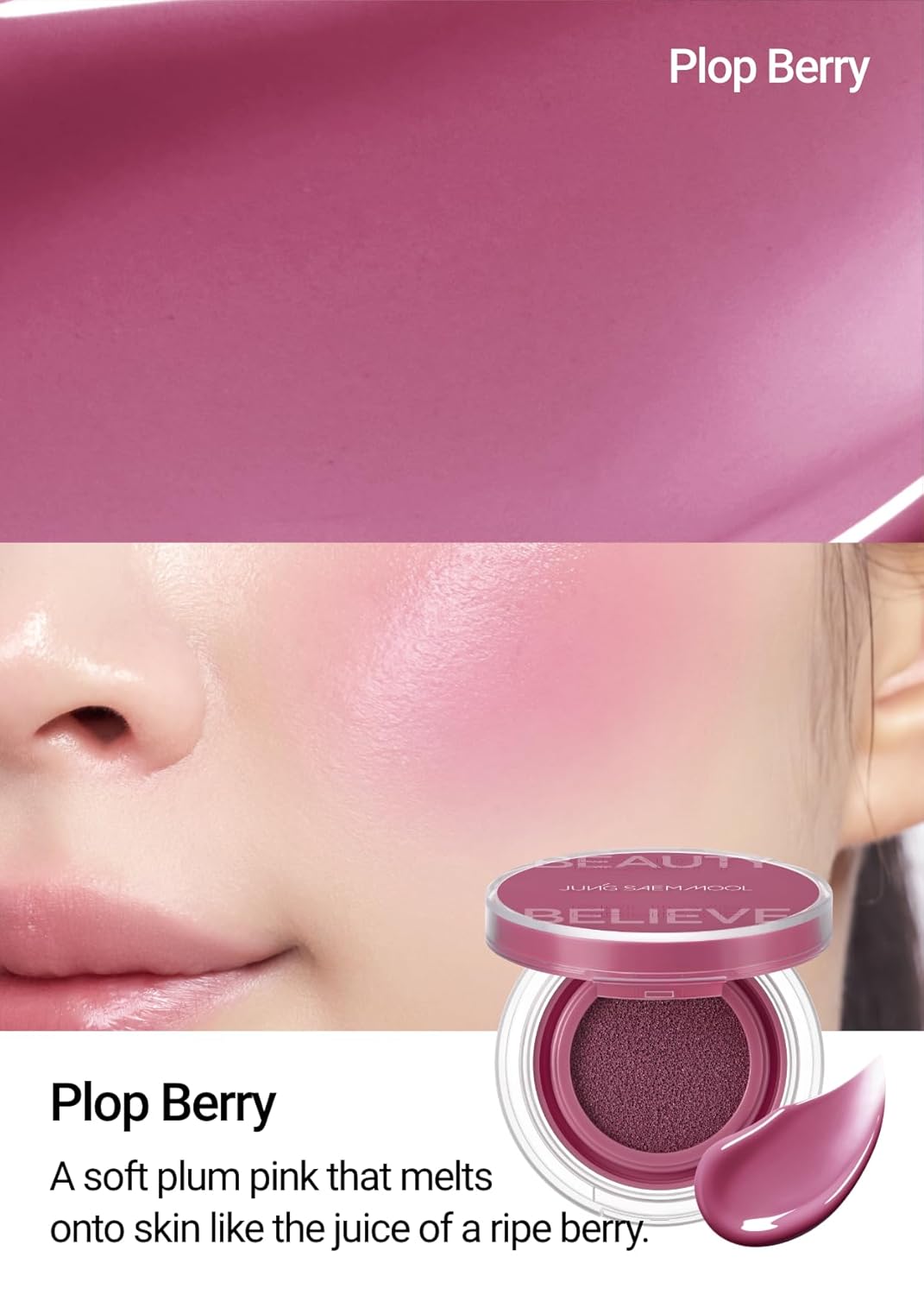 JUNGSAEMMOOL Artist Cushion Blush (Plop Berry) | Easy to Blend, Lightweight, Hydrating Korean Makeup Cushion Blush for Dewy & Glowing Cheeks