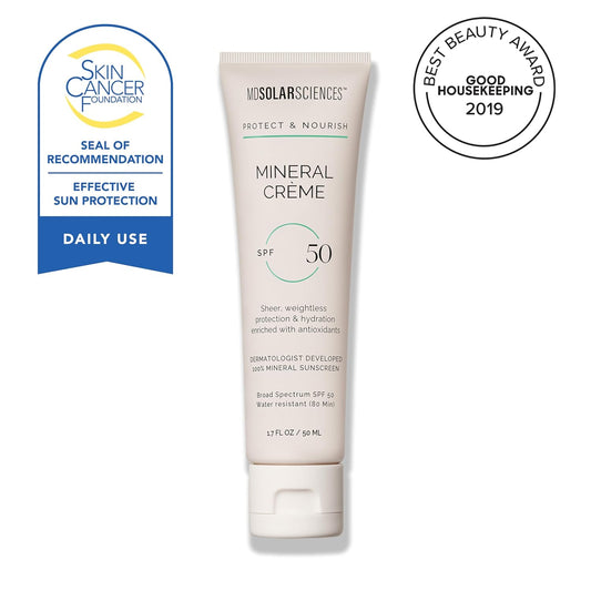 MDSolarSciences Mineral Crème Sunscreen SPF 50 | Water-Resistant, Broad Spectrum UV Protection | Zinc Oxide Formula with Antioxidants | No White Cast, Sheer Matte Finish for All Skin Types (1.7 Fl Oz)