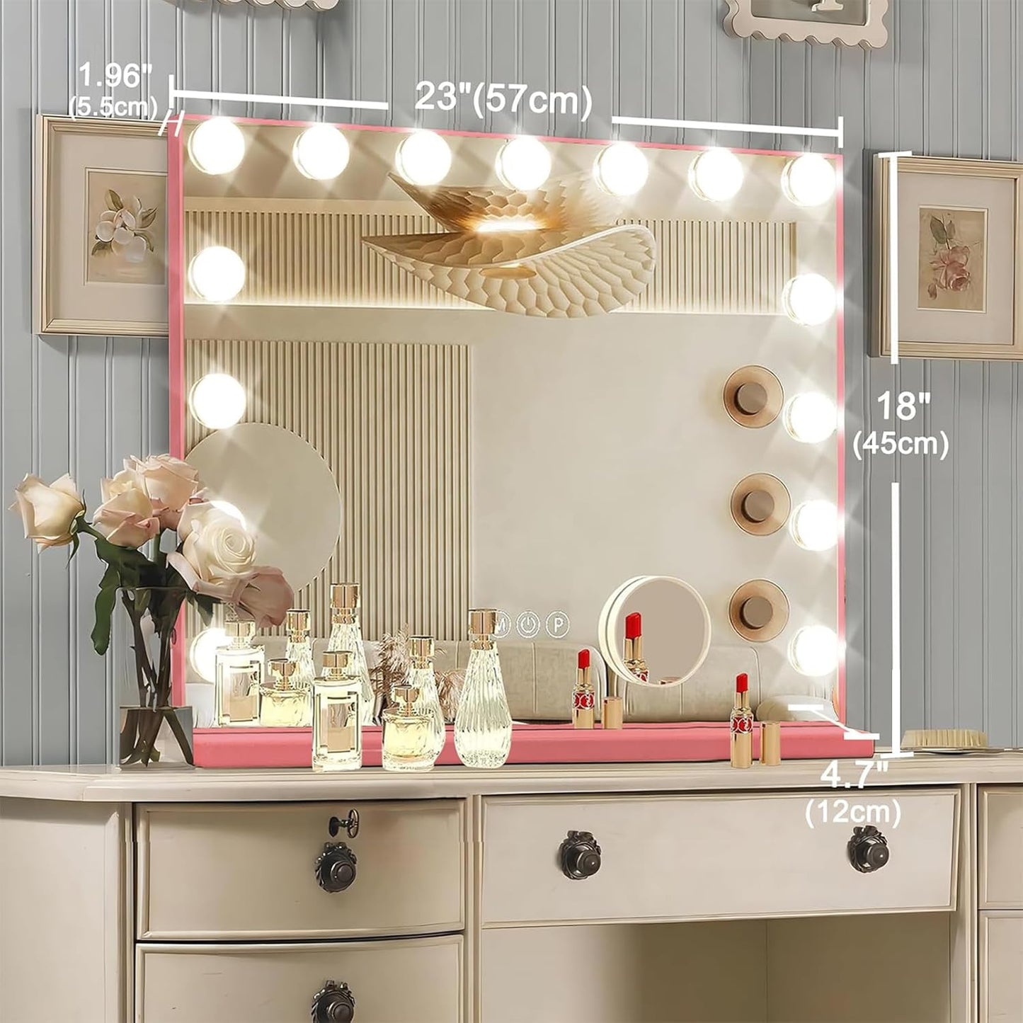Pink Hollywood Vanity Mirror with Lights, 15 Dimmable Bulbs, 3 Color Lights,Make Up Lighted Mirror, Aluminum Metal Frame, USB Charging Port（23" x 18"）