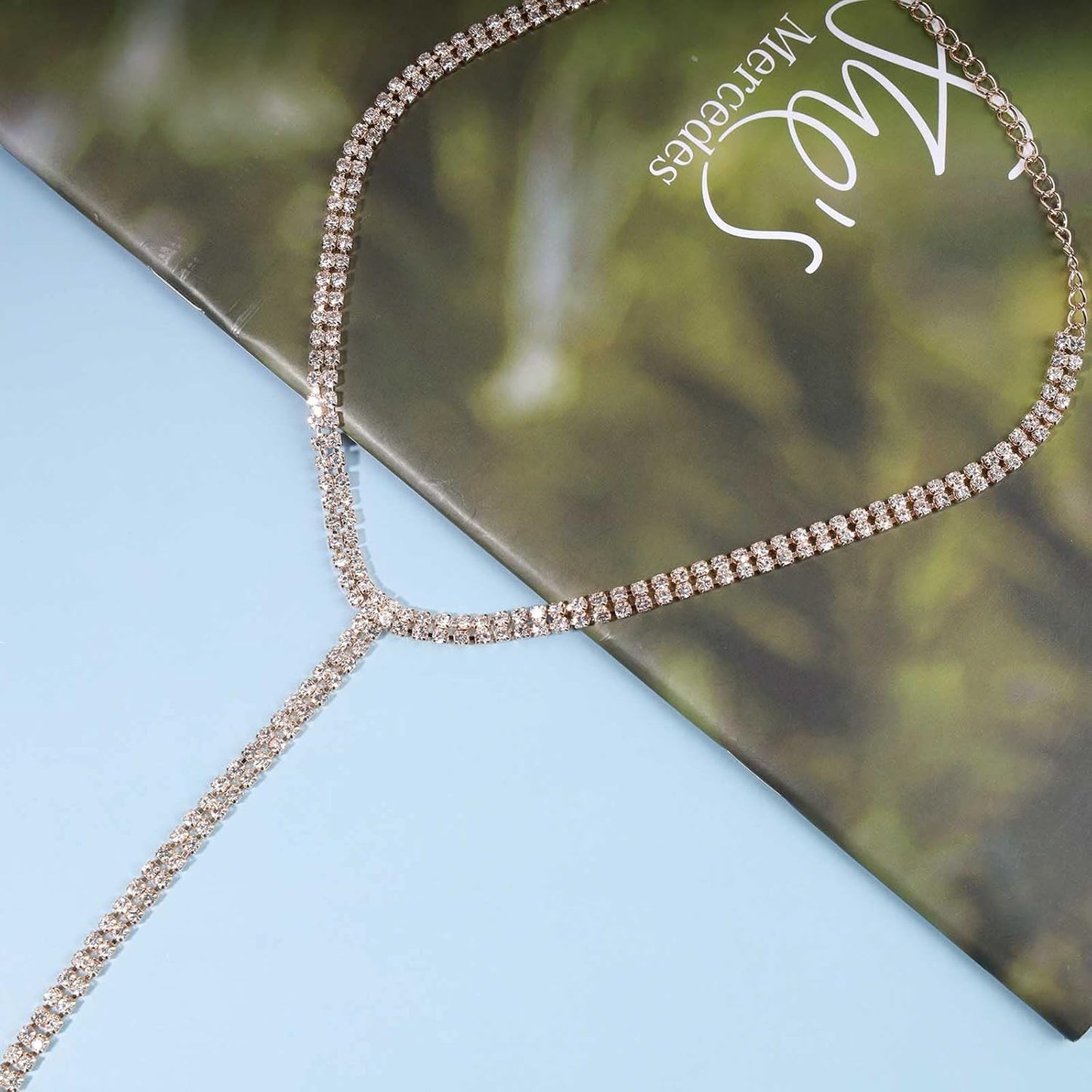 Boho Rhinestone Crystal Y Necklace Tennis Chain Y Lariat Necklace Long Gold CZ Drop Chain Necklace Sparkle Party Nightclub Necklace Chain Jewelry for Women and Girls