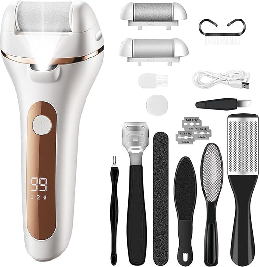Electric Foot Callus Remover, Rechargeable Portable Electric Foot File, IPX6 Waterproof with 3 Roller Heads Pedicure Kits for Dead Hard Cracked Dry Skin, Digital Display, White