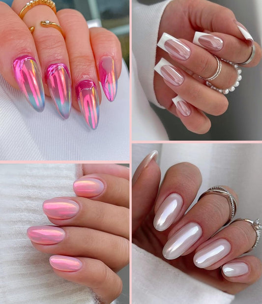 Pearl Chrome Nail Powder BISHENGYF -【Fairy Effect】 Pink Chrome Nail Powder White Pearlesent Aurora Mermaid Iridescent Nail Chrome Powder, Metallic Mirror Glitter Pigment Dust for Nail Art DIY 2PCS
