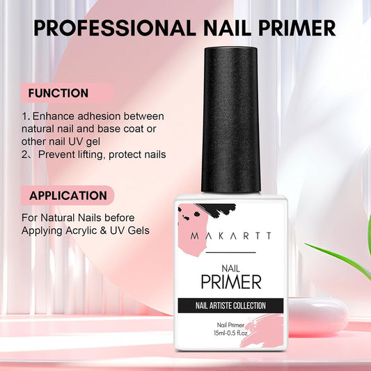 Makartt Nail Primer: No Lift Acid-Free Prep for Acrylic Nails, Gel Polish, and Dipping Powder, Professional Fast Dry Primers for Pedicure Manicure Tools, Salon Home Use 15ML