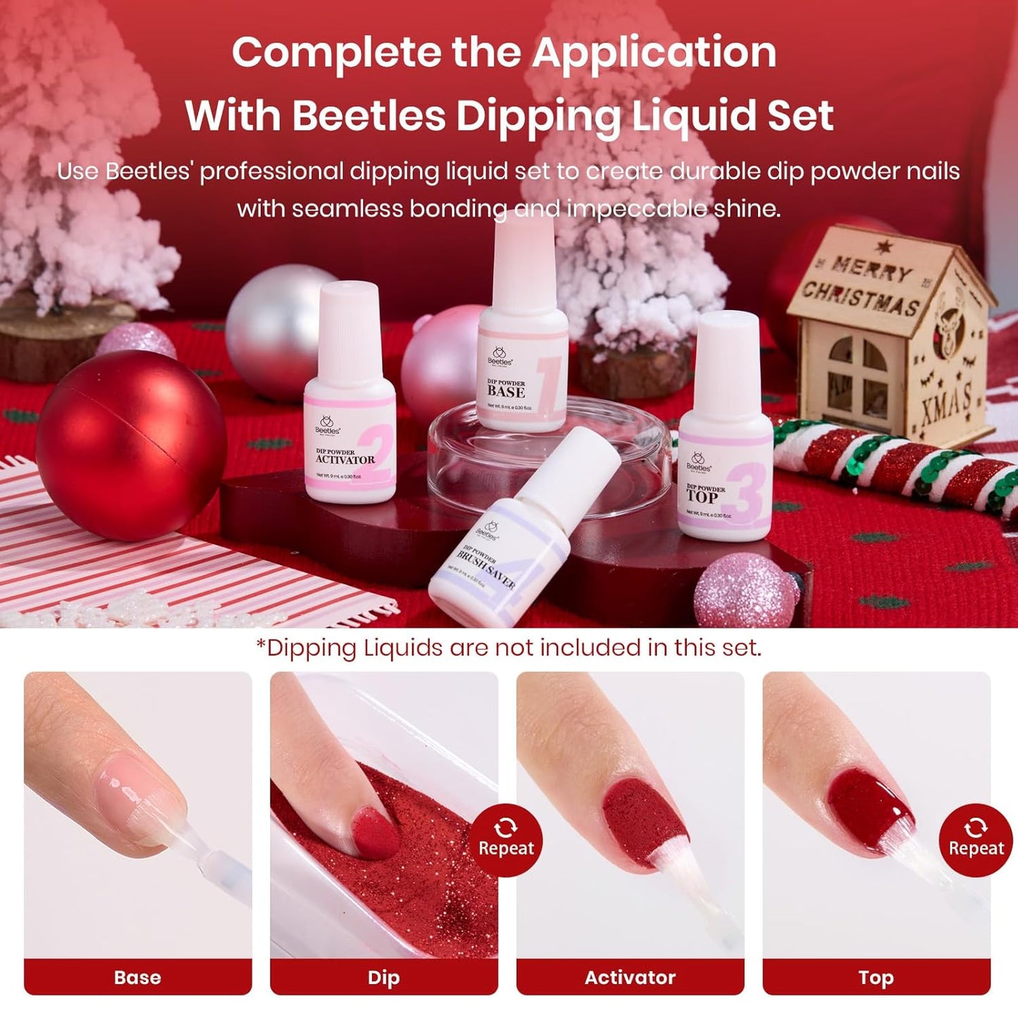 Beetles Christmas Dip Powder Nail Set 6 Colors Red Green Glitter Silver Gold Dipping Powder Starter Kit Manicure DIY Salon for Women No Nail Lamp Needed Glossy Xmas Party