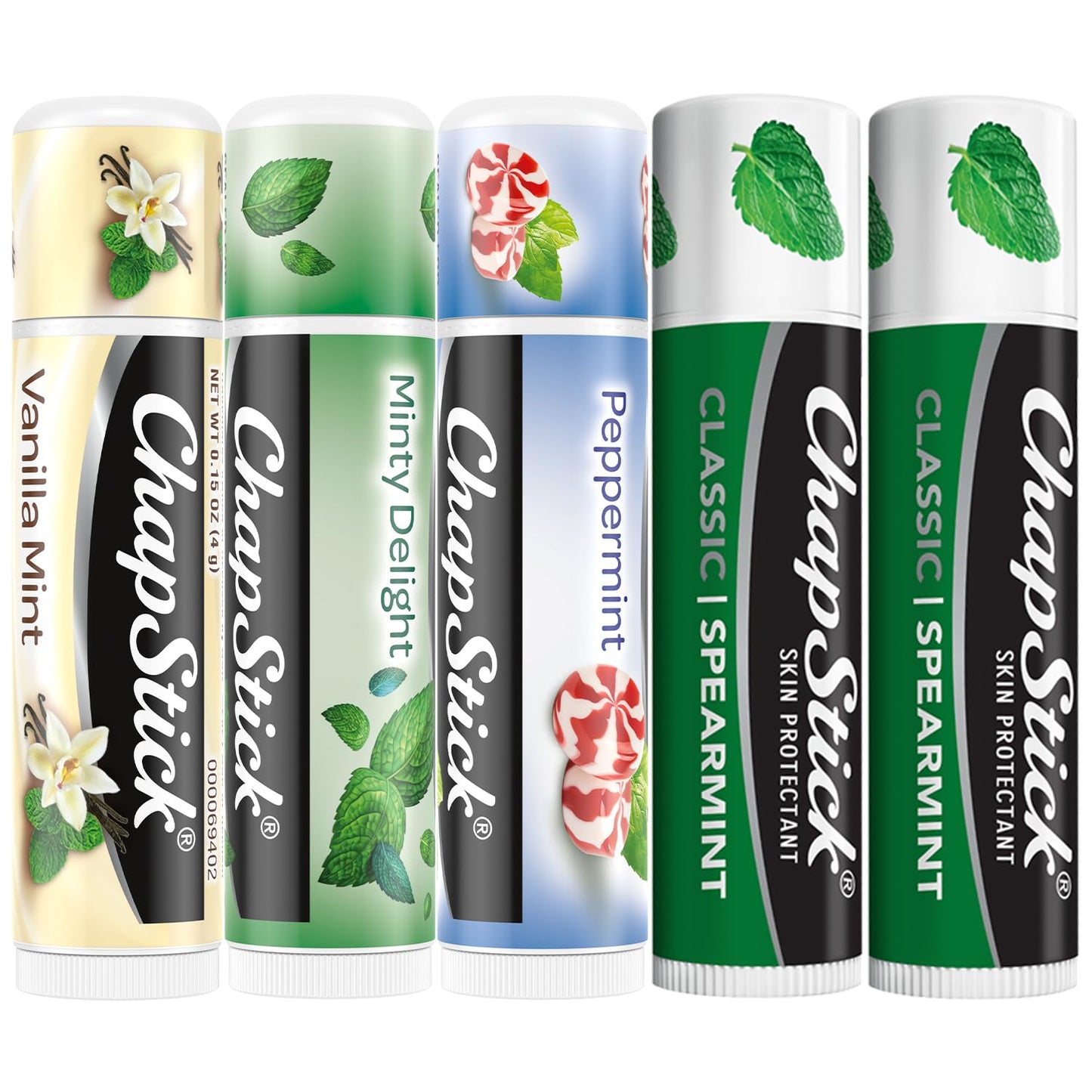 ChapStick Lip Balm, Mint Favorites (Vanilla Mint, Minty Delight, and Peppermint) + 2 Classic Spearmint, 0.15 Oz Ea (5 Piece Set)
