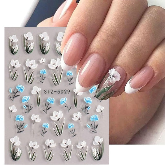Flower Nail Stickers for Nail Art 5D Embossed Engraved Nails Decals 3D Spring Summer Accessories White Blue Self-Adhesive Nails DIY Design Decoration for Women Girls（6 Sheets