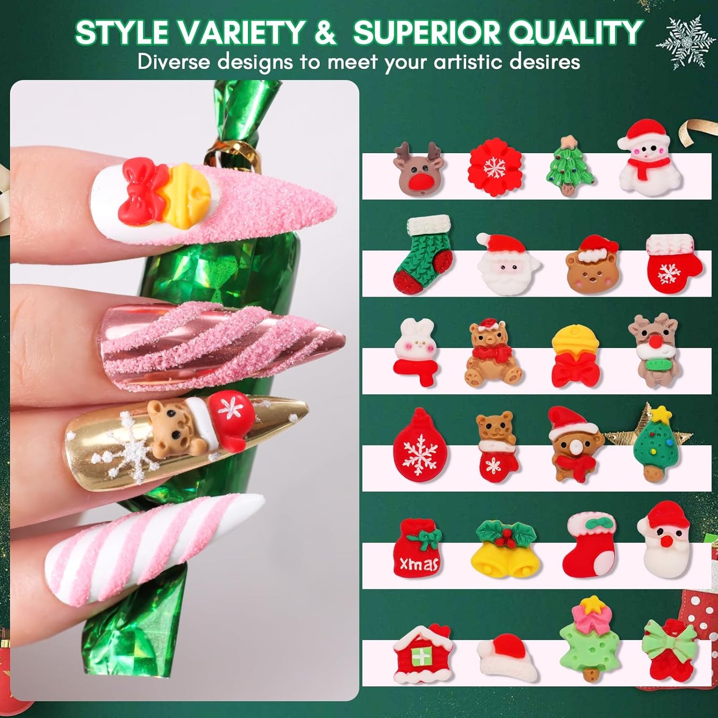 Makartt Christmas Decorations Gift Set: 48PCS 3D Nail Charms with Cartoon Santa, Elk, Tree, Bells for Women, Includes Art Tweezer, Acrylic Accessories for Nails Techs and DIY