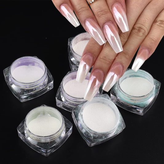 Pearl Chrome Nail Powder Set - 6 Colors Aurora Powder Mermaid Effect for Nails Iridescent Nail Glitter Shimmer White Rubbing Dust Nail Pigment Set Manicure Nail Art Decorations (Y451-459)