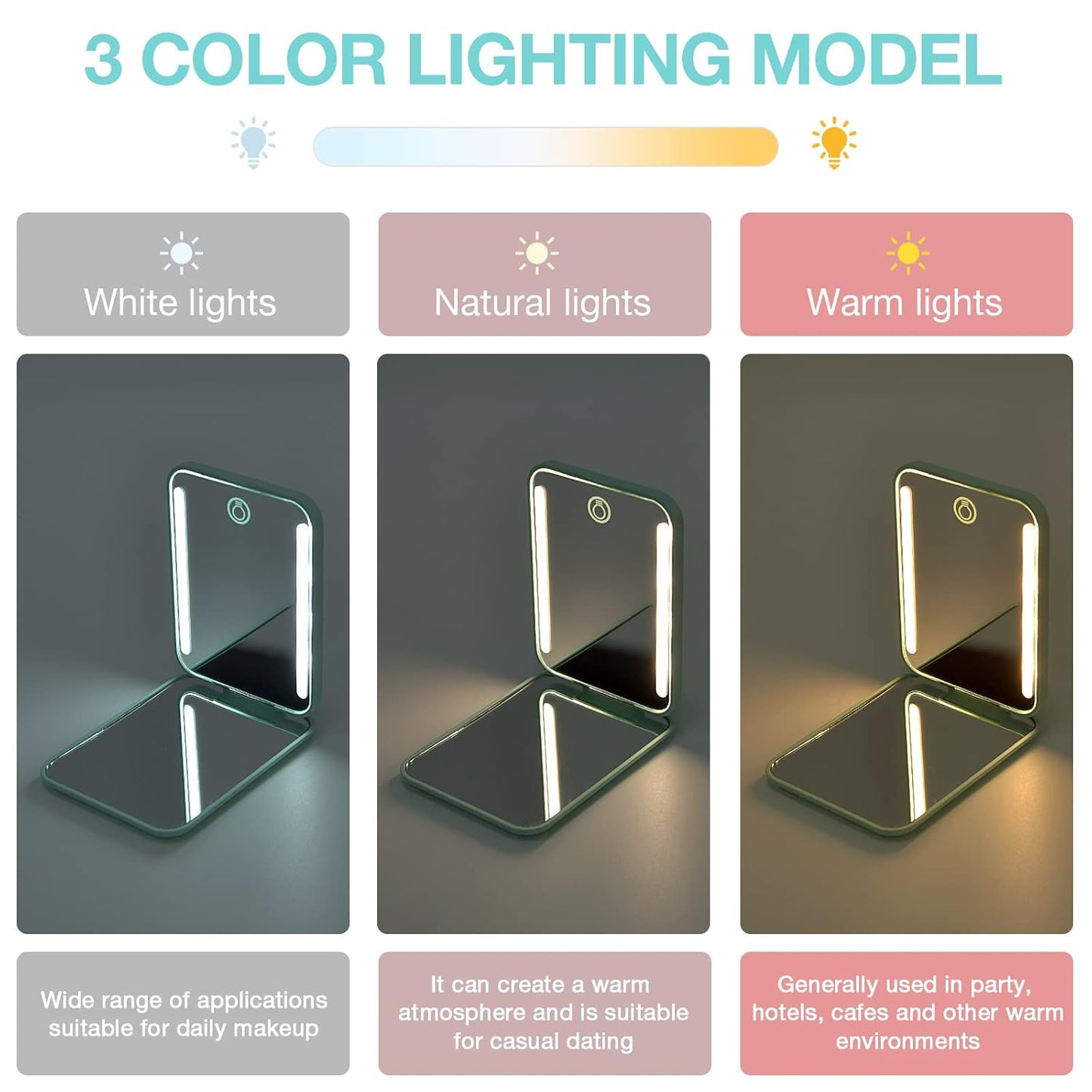 Kintion Rechargeable Pocket Mirror, Double Sided 1X/3X Magnification Compact Vanity Mirror, 3 Color Lights, Dimmable, Small Portable Wallet Mirror, Lighted Travel Mirror for Women Gifts, Cyan