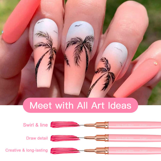 Metallic Nail Art Brushes, 5Pcs Liner Brush Set, UV Gel Polish Painting Art Design Pen for Long Lines, Thin Details, Fine Drawing Sizes 4/8/12/20/25mm(Pink)
