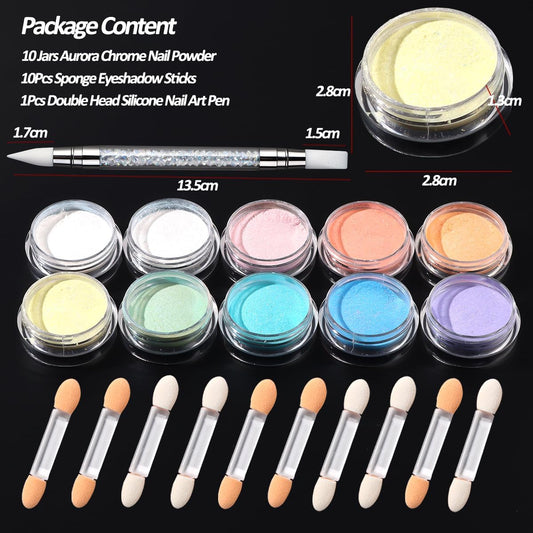 10 Colors Mermaid Pearl Chrome Nail Powder, Iridescent Aurora Powder Metallic Mirror Effect Pigment Pearlescent Nail Art Glitter Dust Kit for Gel Polish Nail Art Decoration