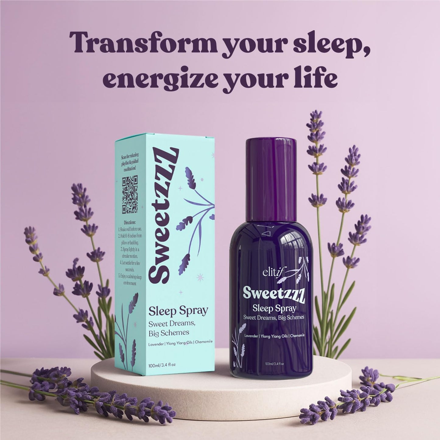 Lavender Pillow Spray for Sleeping – Aromatherapy Sleep Mist & Natural Bedtime Linen & Room Spray – Vegan, Non-Toxic, Travel-Friendly – Sweetzzz by Elitif
