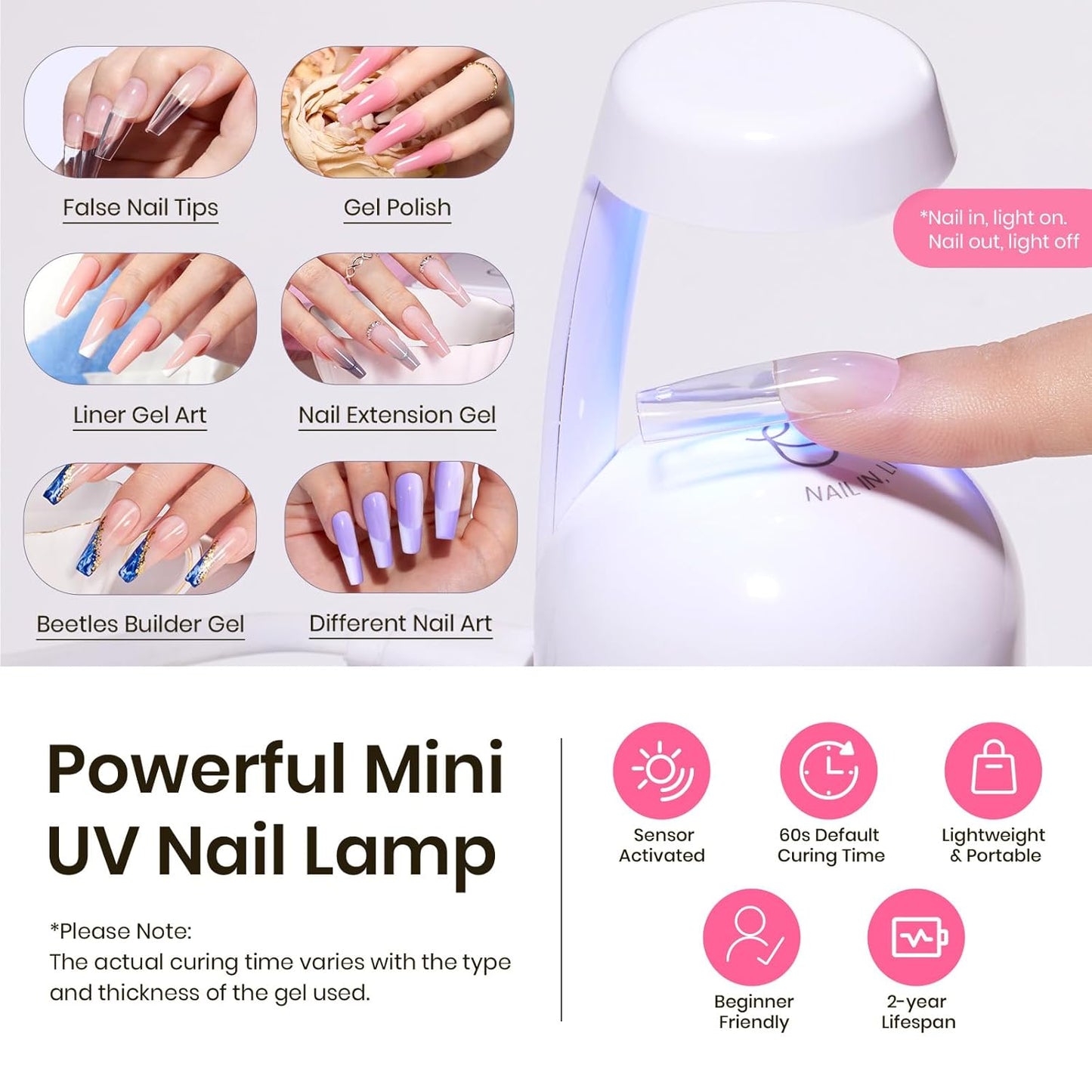 Beetles Tipex Nail Tips Kit, Long Square-C Curved Half Matte Nail Tips 224 Pcs 16 Sizes Pre Building Fake Nails with Tipex Nail Glue, Mini Nail Lamp - Thick Acrylic Nail Set