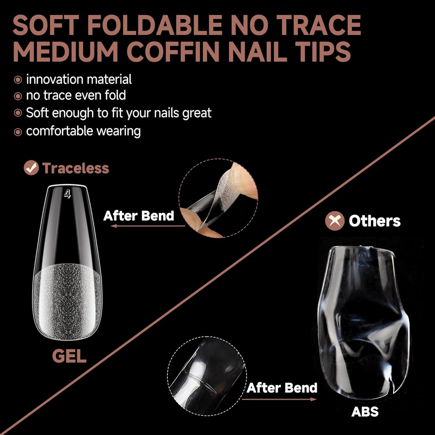 UNA GELLA Coffin Nails Tips, 216 PCS Soft Gel Nail Tips Coffin Half Matte Full Cover False Nails Pre-shaped Clear Acrylic Press on Nails Medium for Nail Extensions Home DIY Salon, 12 Sizes