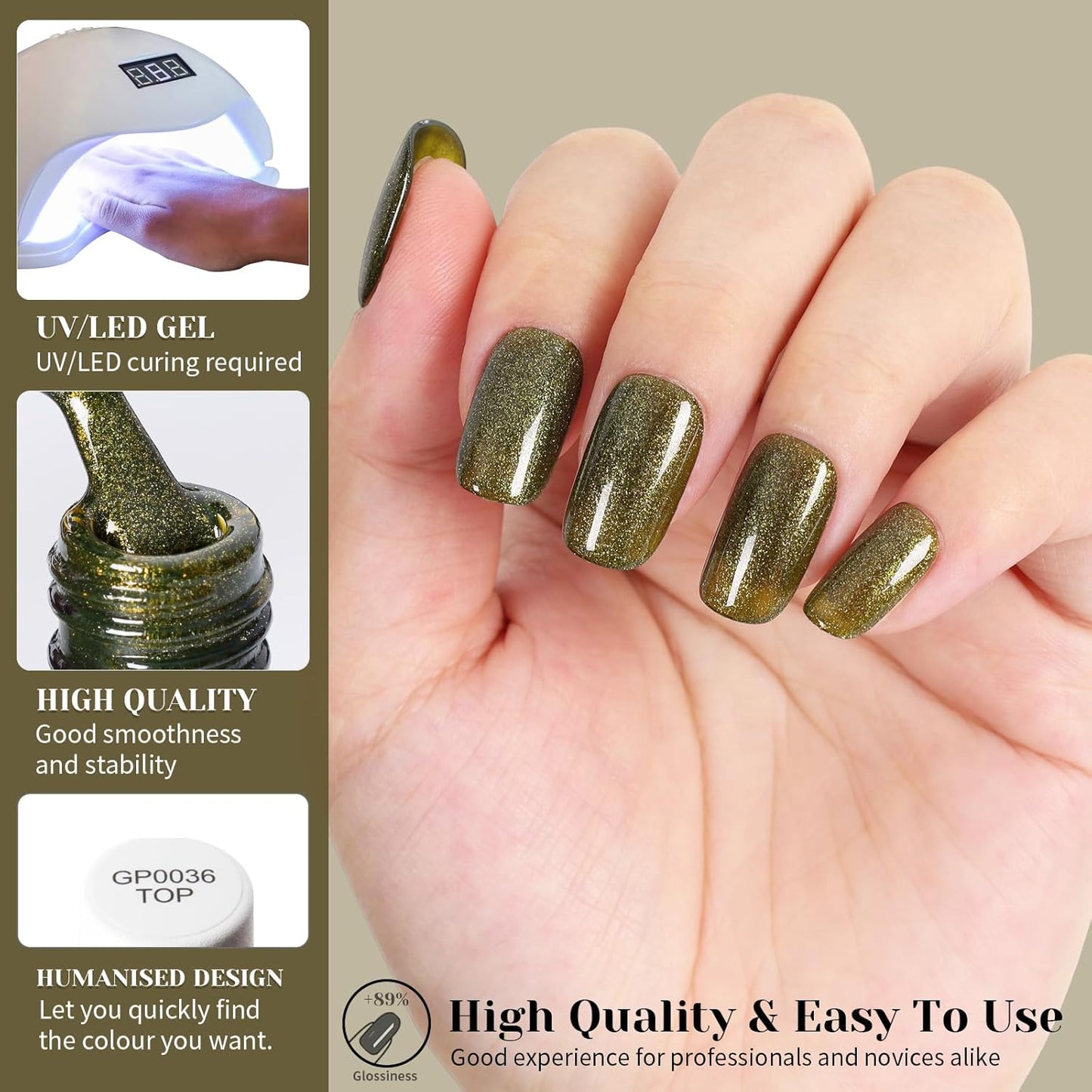 Olive Green Color Glitter Gel Nail Polish,15ml UV/LED Soak Off Sparkly Shimmer Green Gel Polish for Manicure Salon or DIY Nail Art at Home,All Seasion Color Gel - GP0114