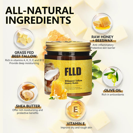 Organic Grass Fed Whipped Tallow and Honey Balm 4oz - Facial Cream, Lip Moisturizer, Body Balm