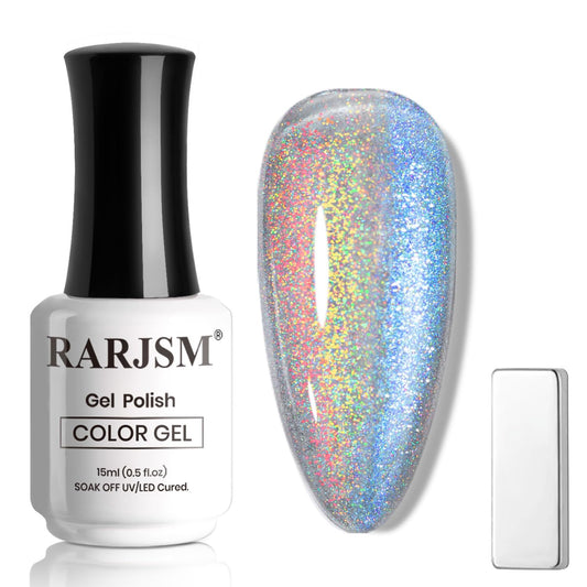 RARJSM Holographic Rainbow Aurora Cat Eye Gel Nail Polish Blue Purple Laser Iridescent Glitter Sparkle Cat Eye Gel Polish with Magnet Stick Soak off UV LED Curing Requires Home Salon Diy Nail Art