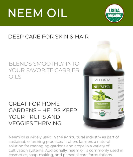 velona Neem Oil USDA Certified Organic - 64 Fl Oz | 100% Pure and Natural Carrier Oil | Virgin, Unrefined, Cold Pressed | Hair, Body and Skin Care | Use Today - Enjoy Results