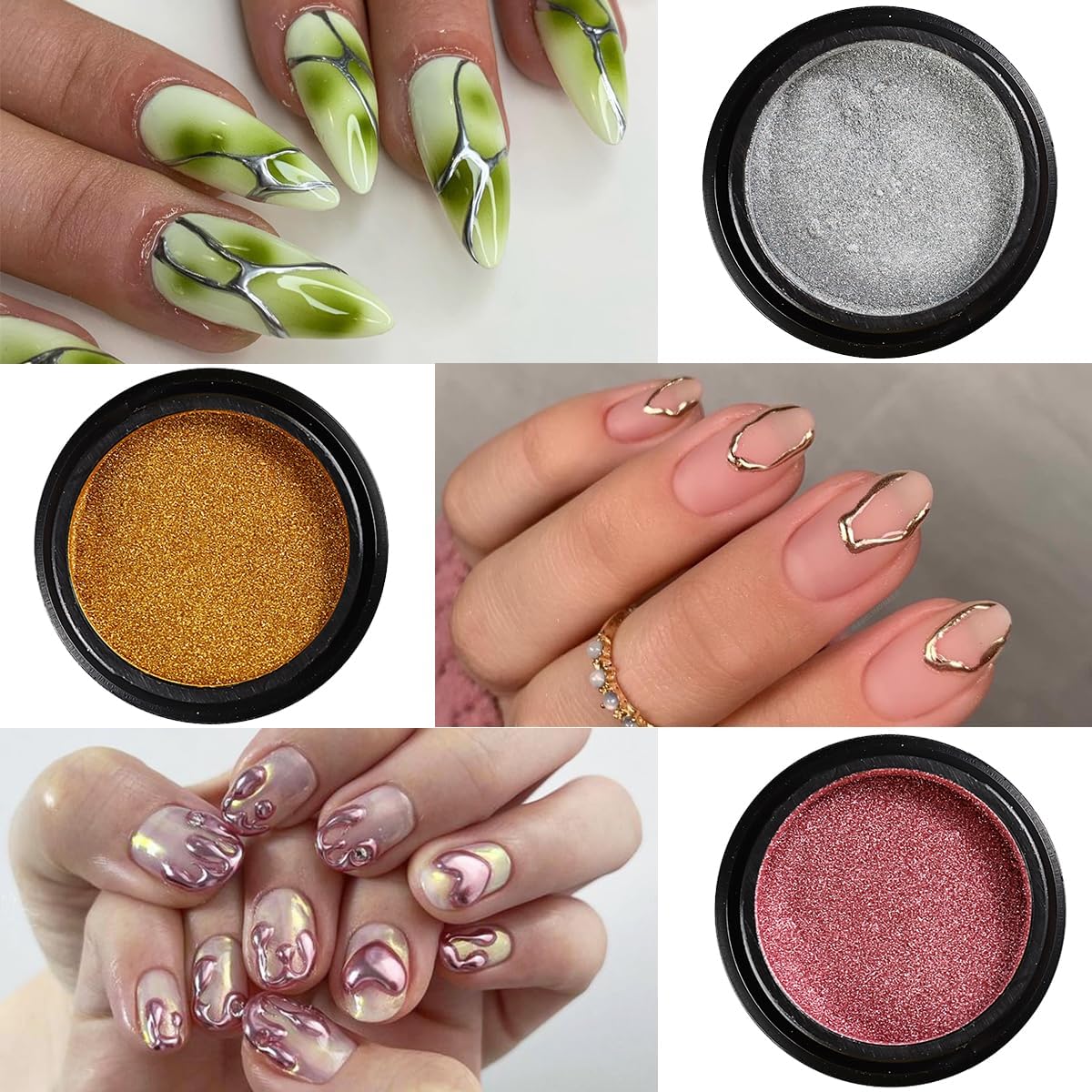 Chrome Nail Powder Set 14 Colors Pink Blue Silver Metallic Effect Mirror Powder for Nails with Brushes Holographic Pigment Chameleon Flakes for Nails Gold Leaf Decoration Nail Supplies