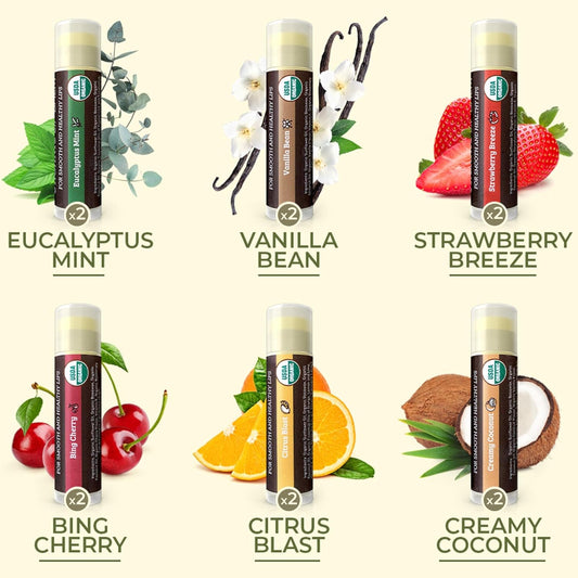 Earth's Daughter USDA Organic Lip Balm 12-Pack (2x 6-Packs) - Fruit Flavors, Beeswax, Coconut Oil, Vitamin E - Best Lip Repair Chapstick for Dry Cracked Lips - Moisturizing Lip Care