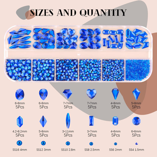 Royal Blue Glass Nail Rhinestones - 2060 Pcs Multi Shapes + 2000 Pcs Round Crystal with Glue Gel for Nail Art