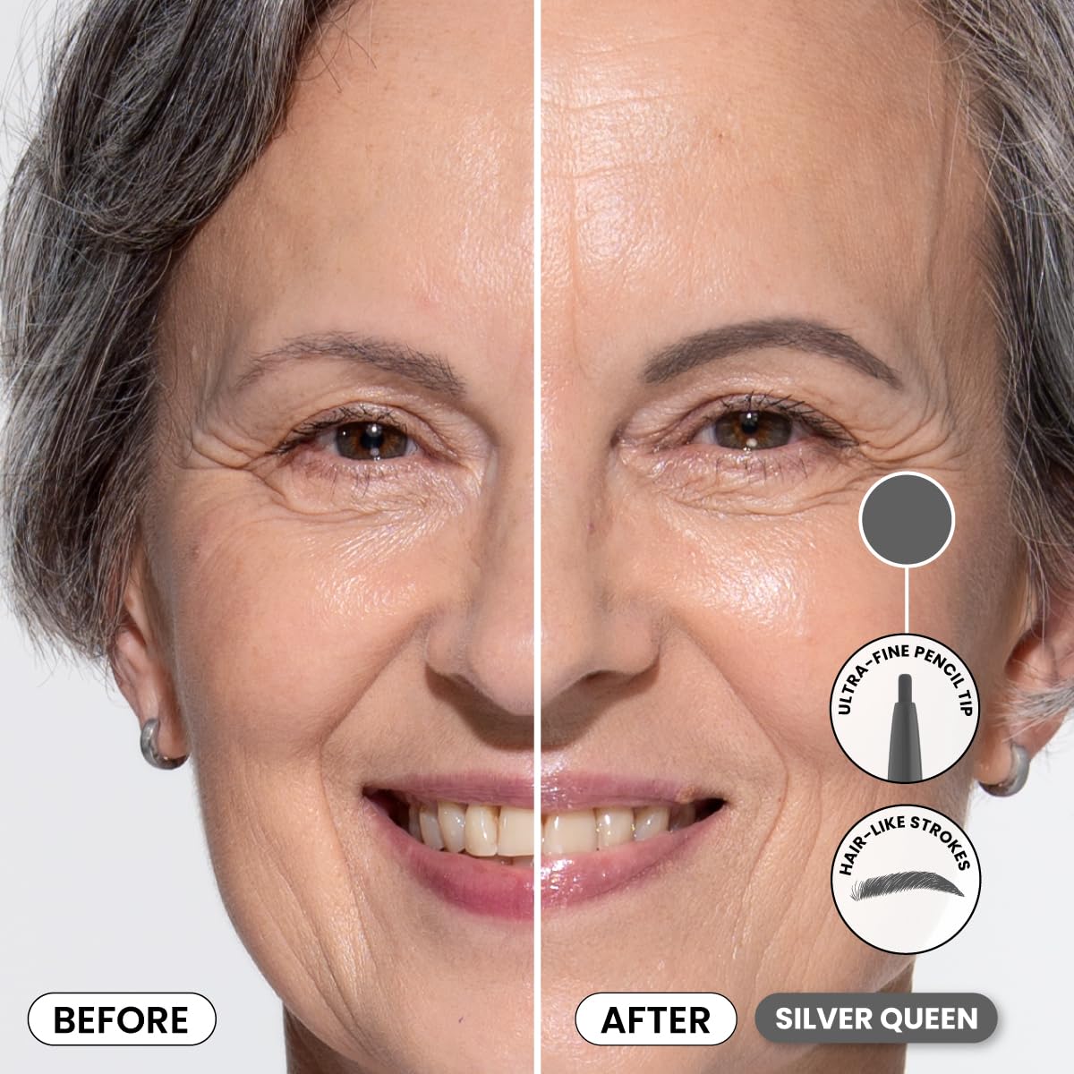 PrimeBrow Pencil for Mature Women – Ultra-Precise Tip for Natural, Hair-Like Strokes – Smudge-Proof & Long-Lasting Wear – Great for Thinning, Sparse, or Graying Brows (Silver Queen)