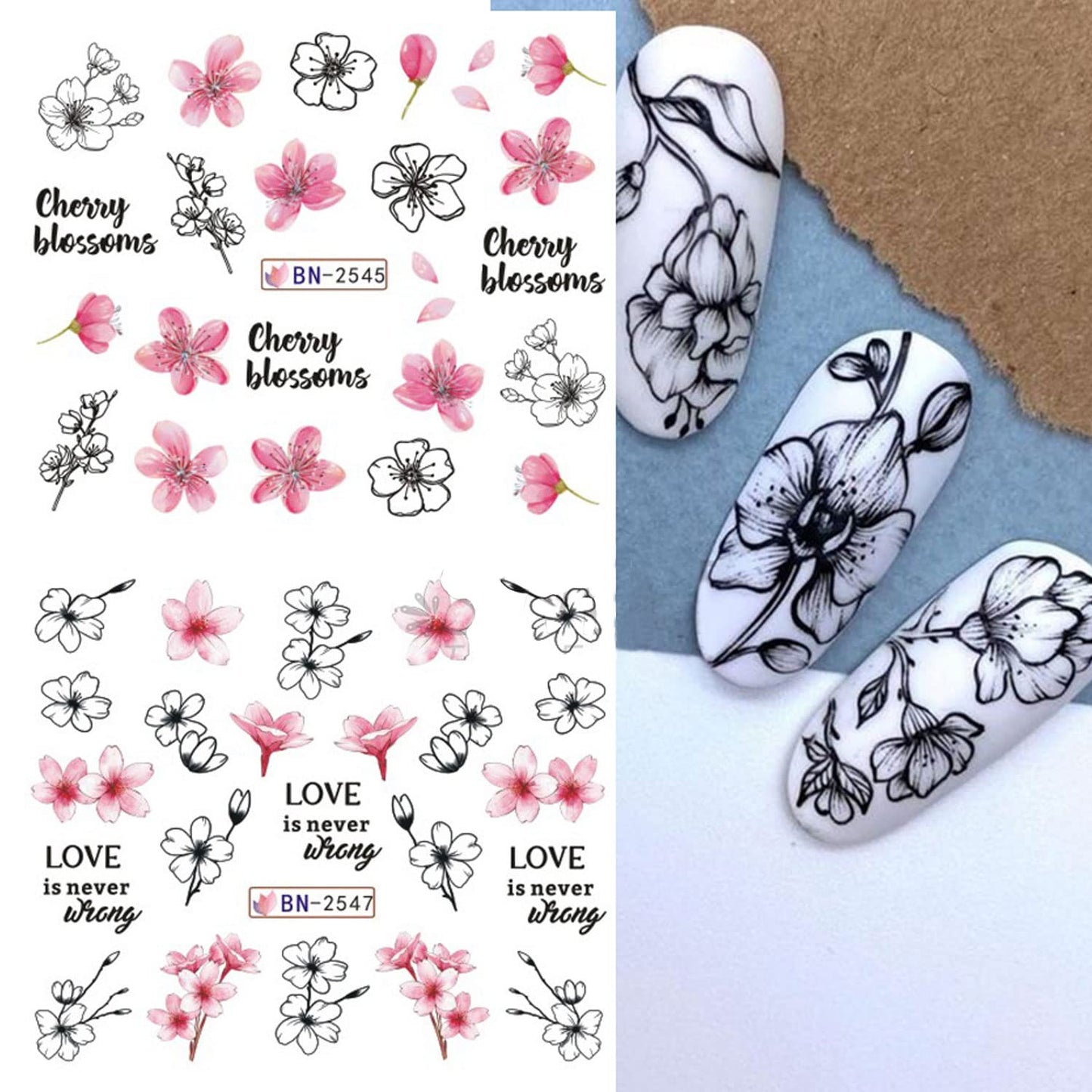Sakura Water Transfer Nail Stickers - Cherry Blossom & Leaf Designs for Women & Girls - Pink Flower Nail Art Decoration Supplies