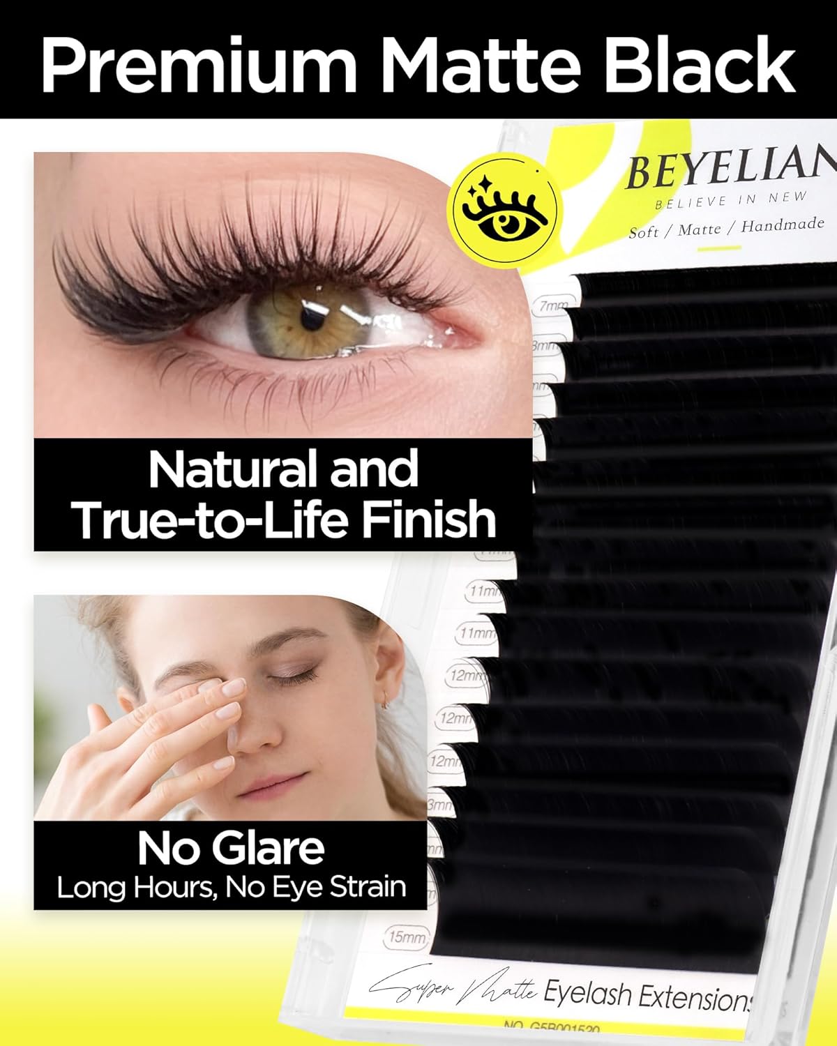 BEYELIAN Eyelash Extension Natural Matte Black 0.10 C Curl 7-15mm Tray Easy Fan Lash Extensions Volume Lashes 100°/212°F High Temperature Resistant Classic Professional Use (0.10 C 7-15mm Mix)