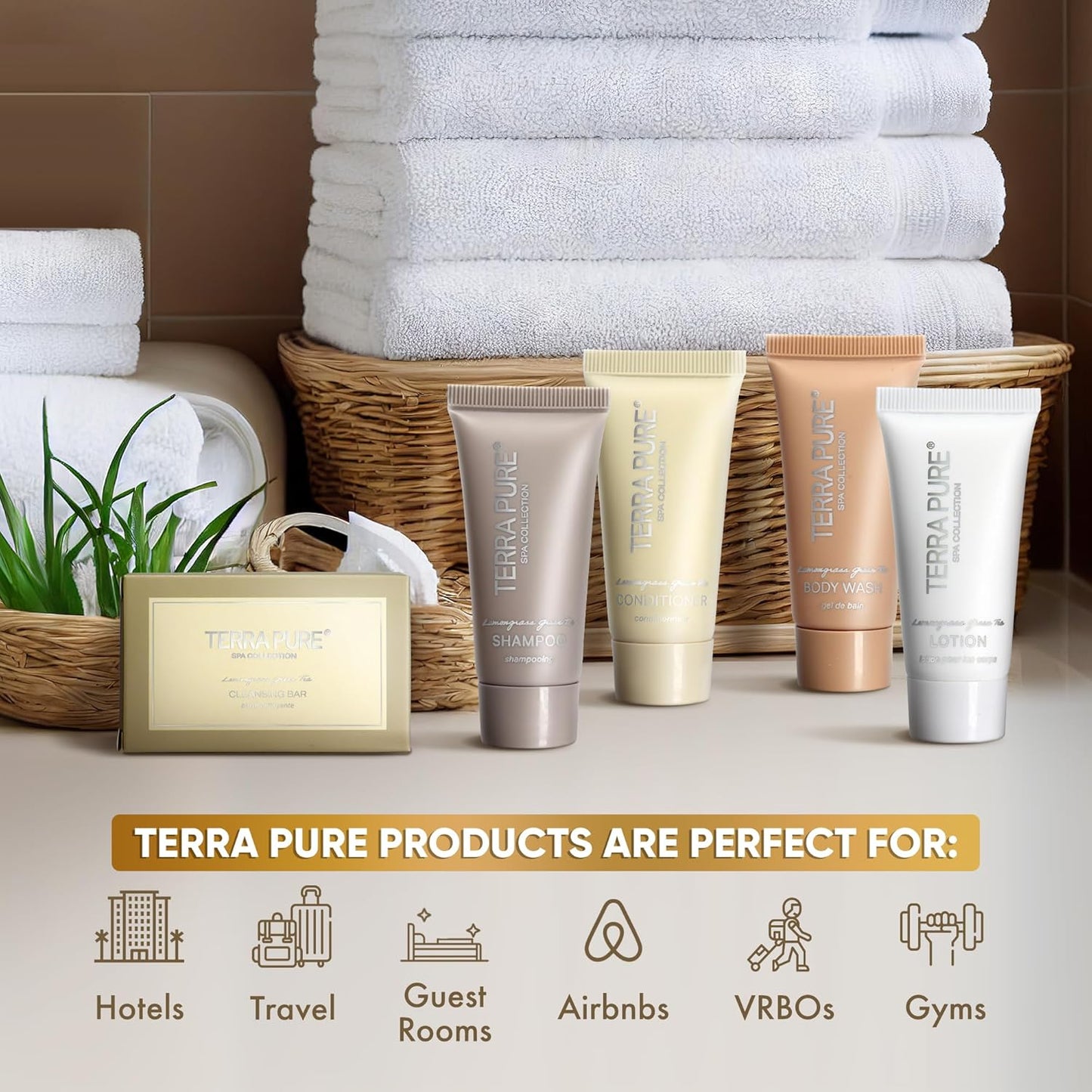 Terra Pure Spa Collection Bulk Set Toiletries | 1-Shoppe All-In-Kit Amenities for Hotels & Airbnb | 0.85 oz Hotel Shampoo & Conditioner, Body Wash, Lotion & Cleansing Bar Travel Size Tubes| 75 Pieces