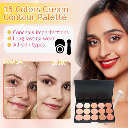 15 Colors Cream Contour Palette,Lightweight Concealer Full Coverage Contouring Liquid Foundation Palette,Multi-use Blendable Color Corrector Concealer Palette with Makeup Sponge