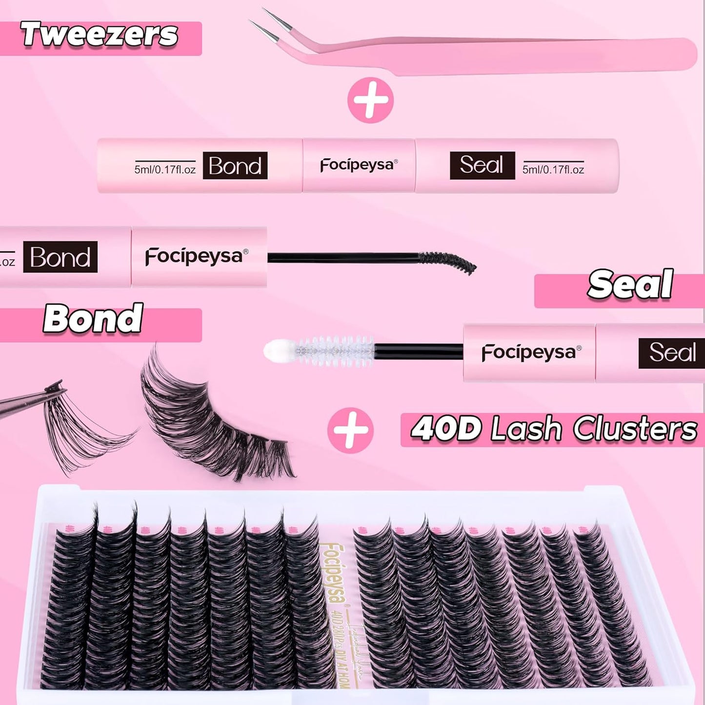 Focipeysa Eyelash Extension Kit D Curl Lash Clusters 280pcs DIY Lash Extension Kit 40D Individual Lashes with Lash Bond and Seal Lash Applicator DIY Lashes Kit for Individual Eyelashes Beginners