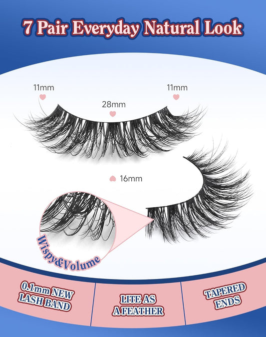 Lashes Volume False Eyelashes Wispy Natural Look Everyday Flared Strip EyeLash Fluffy Lash Long Soft Round-Eye Pack 16MM 7 Pairs D89