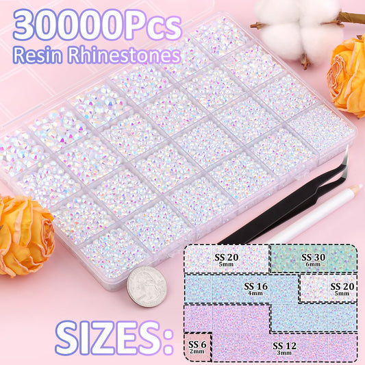 30000Pcs White AB Rhinestones for Bedazzling with B7000 Jewelry Glue, Bedazzler Kit Flatback Gems, Resin Rhinestones for Crafting Crafts Clothing Shoes Fabric Nail Art Assorted Size 2/3/4/5/6mm