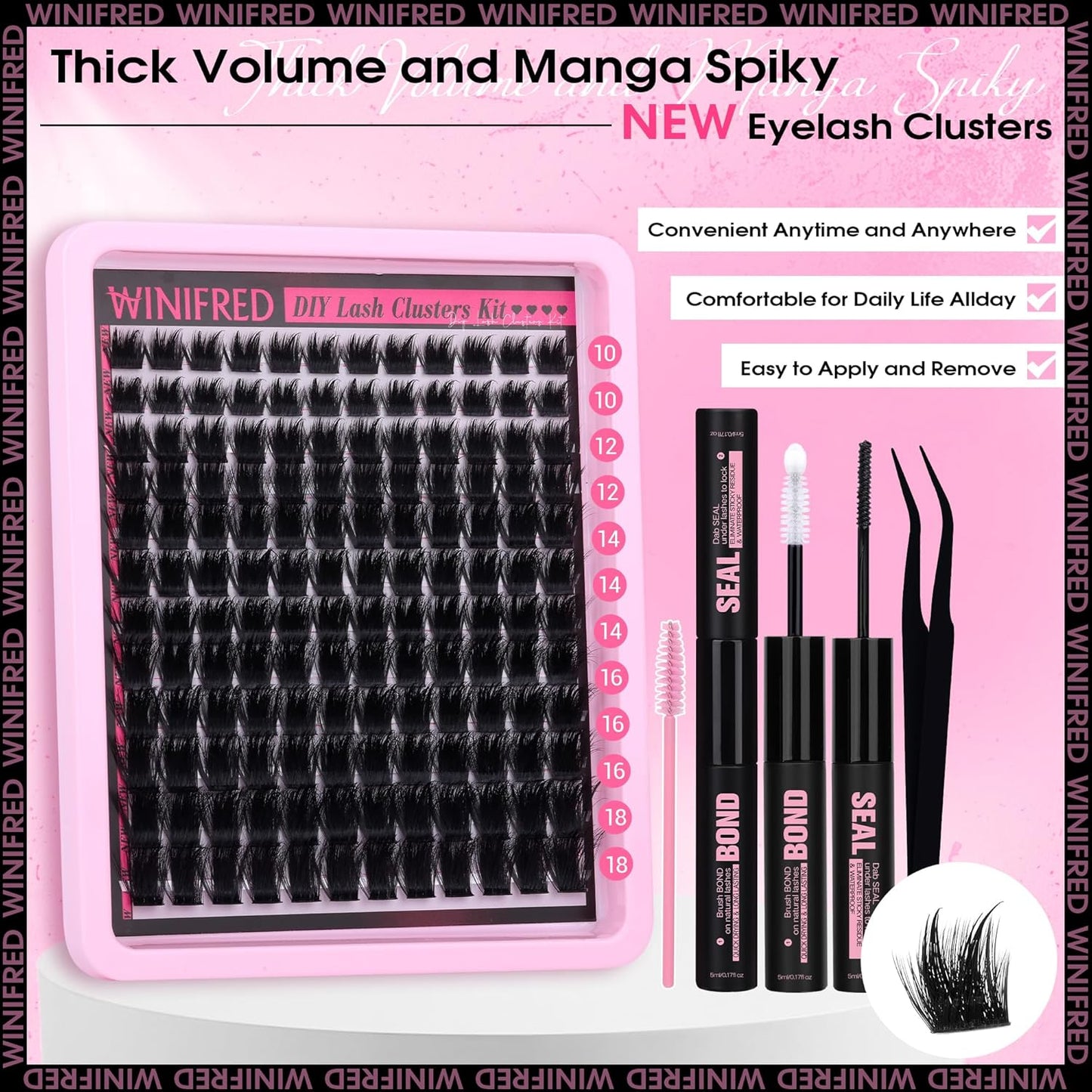 Winifred Lash Clusters Kit Fluffy Lash Extension Kit Fairy Wispy Eyelash Clusters Thick Volume Cluster Eyelash Extensions 10-18mm Lash Clusters with Spikes Lash Kit with Lash Bond and Seal