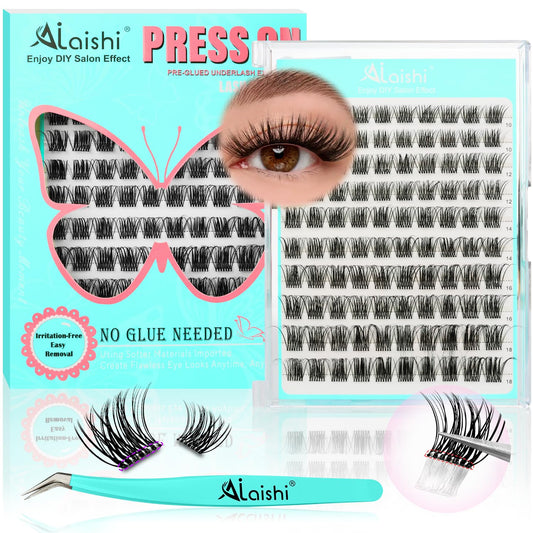 No Glue Needed Lashes, Self Adhesive Eyelashes, DIY Lash Eyelash Extensions Kit 10‑18mm,100pcs Fluffy D Curl Soft Natural Lashes with Tweezers–Fake Cat Eye Wispy Individual Clusters NG2031-1