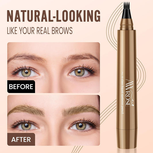 AWROSE Eyebrow Pencil, 3D Waterproof Microblading Eyebrow Pen 4 Fork Tip Tattoo Pencil, Precise Natural Magic Eye Brow Pen with Hair Like Strokes, 4 Points Multi-Used Eye Brow Pencils for Women/Men