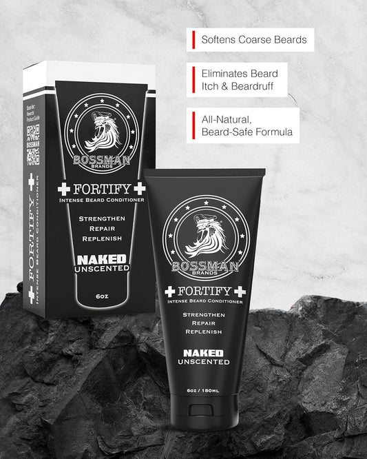Bossman Fortify Intense Beard Conditioner for Men (Naked - Unscented) – Moisturizes, Replenishes & Protects with Natural Ingredients – Thicker Formula, Made in USA