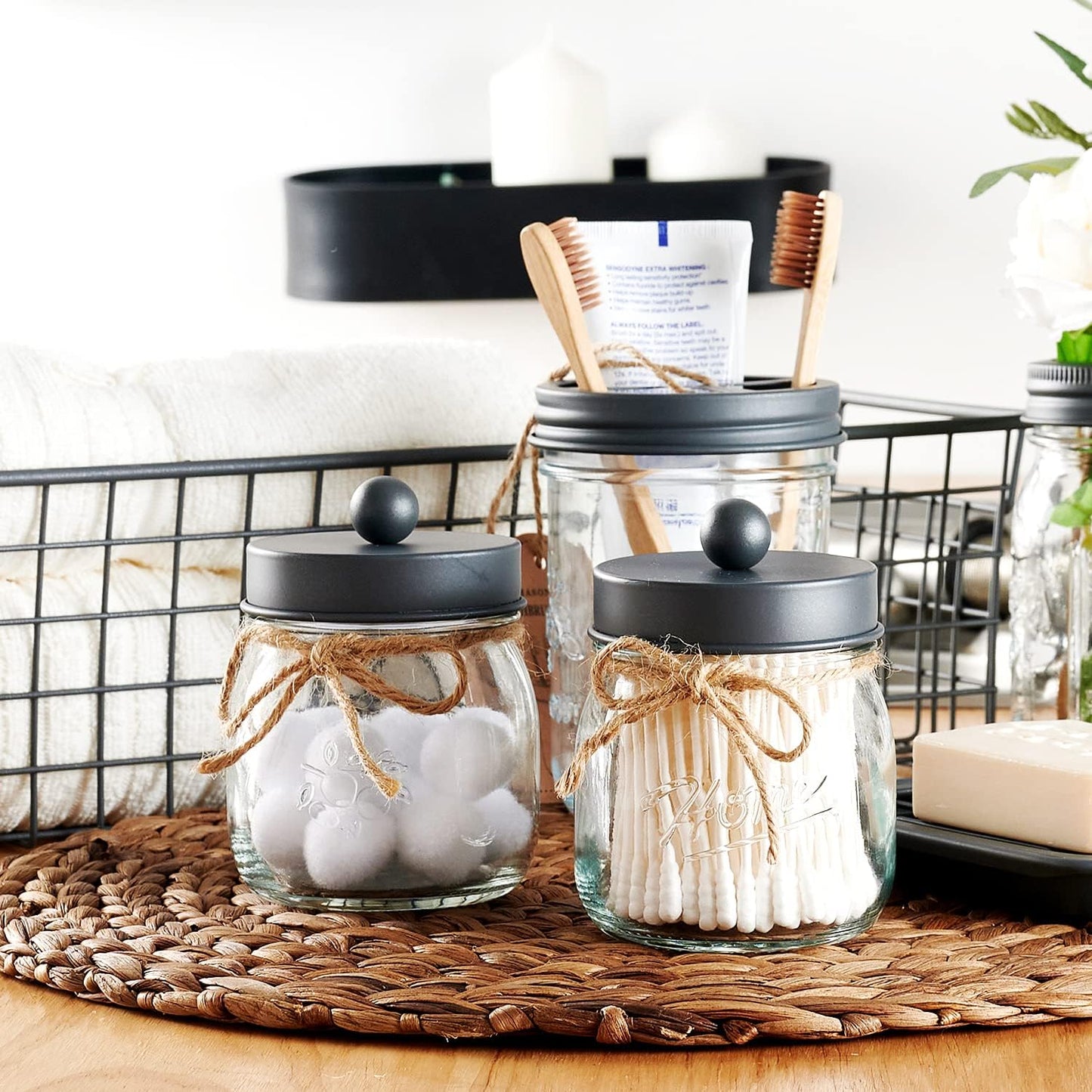 SheeChung 2 Pack Qtip Holder, Bathroom Jars, Cotton Swab Holders, Cute Mason Jars Bathroom Shelf Decor for Cotton Balls, Floss Picks - Vintage Gray